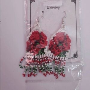Handcrafted Red and White Beaded Earrings